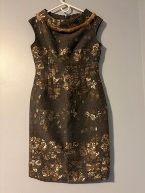 Teri Jon Brown and Gold Floral Brocade Sheath Dress with Fur-Trim Collar